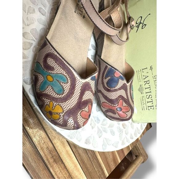 Spring Step L’Artiste Leoluv Mary Jane Sandals 38 US 7.5-8 Beige Multi Handpaint - Picture 5 of 16
